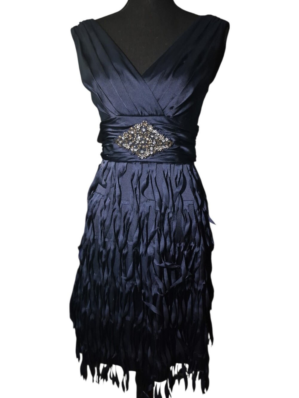 Hailey by Adrianna Papell Blue Slvlss Fringe Cocktail Dress W/ Beaded Waist Sz 4
